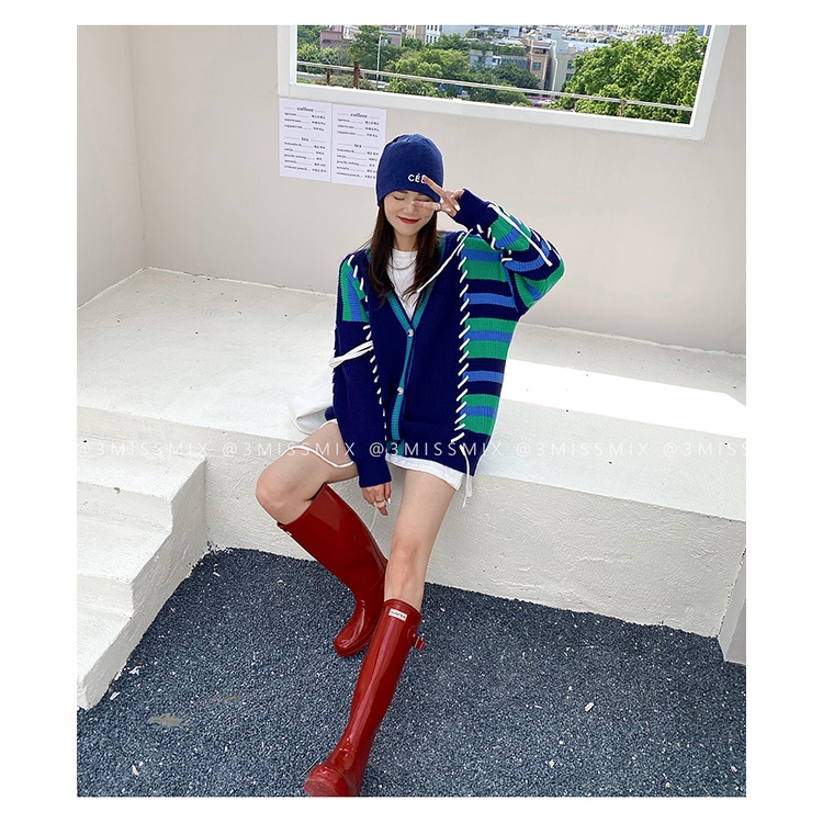 Áo khoác cardigan cổ chữ V dáng rộng phối dây rút in màu thời trang thu đông Hàn Quốc cho nữ