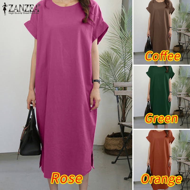 Đầm midi ZANZEA tay ngắn cổ tròn màu trơn dáng chữ a phong cách Hàn Quốc thời trang cho nữ