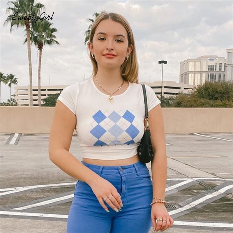 Áo Croptop Cổ Tròn Tay Ngắn Dáng Ôm In Họa Tiết Caro Thời Trang Cho Nữ