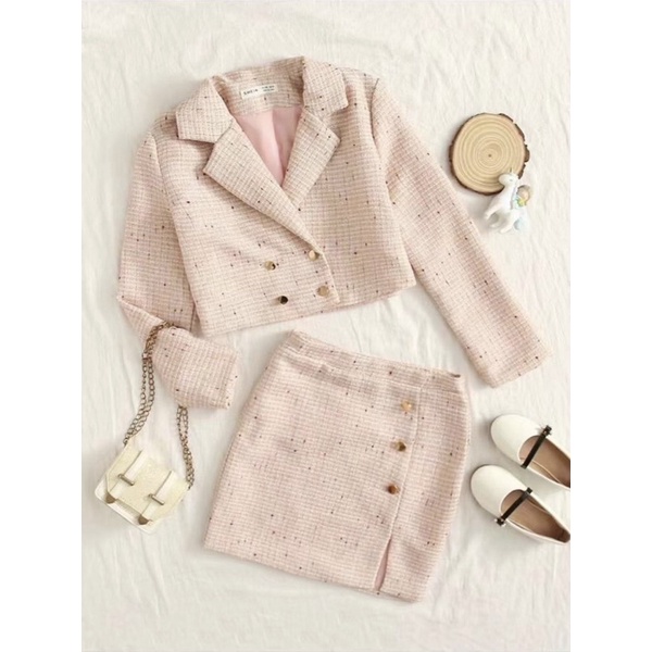 Set dạ tweeb Shein màu hồng nude cho mẹ và bé