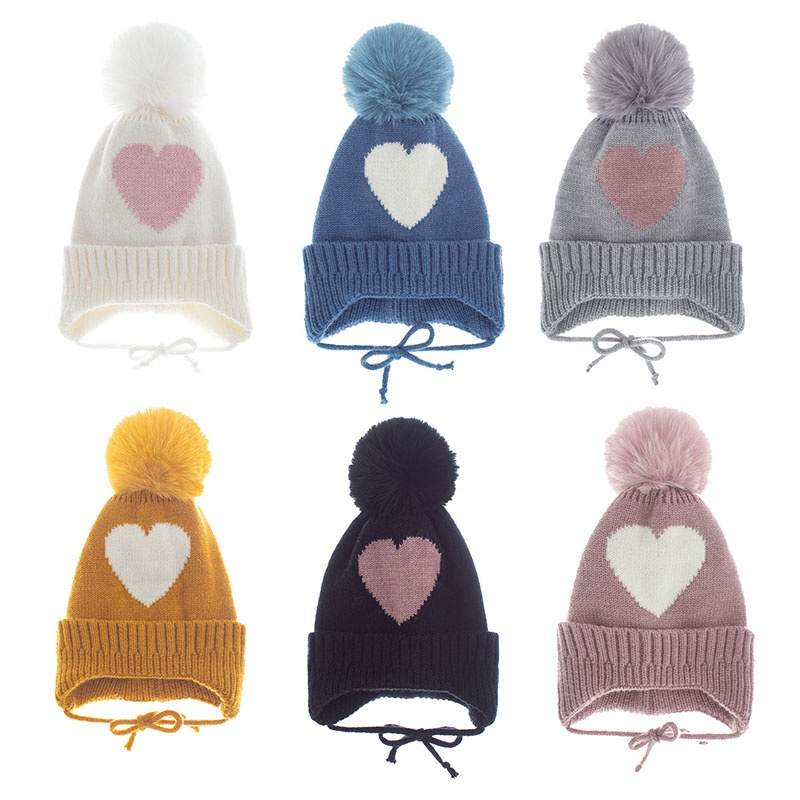 Mũ beanie đan móc dày dặn in hình trái tim phối bóng lông lớn ấm áp mùa thu đông cho em bé biết đi