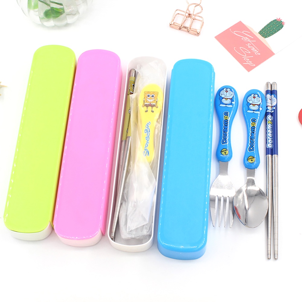 3 cái/bộ Phim Hoạt Hình trẻ em của thép không gỉ dao kéo muỗng nĩa đũa trẻ em của Bộ đồ ăn cho bữa trưa dao kéo di động với hộp