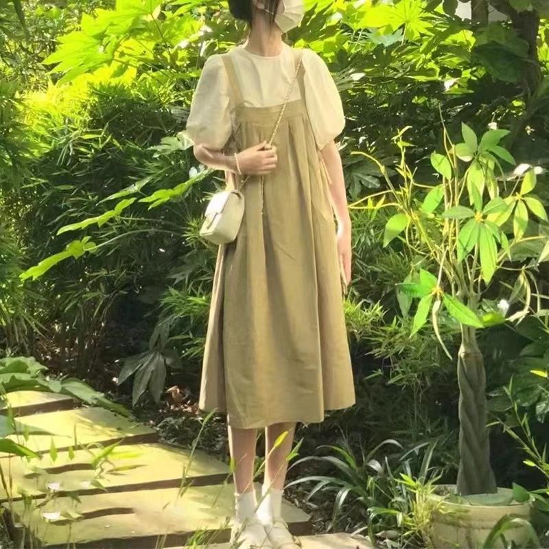 Set Áo Sơ Mi Tay Phồng + Đầm Yếm Dáng Rộng Dễ Thương Phong Cách Hàn Quốc Cho Nữ