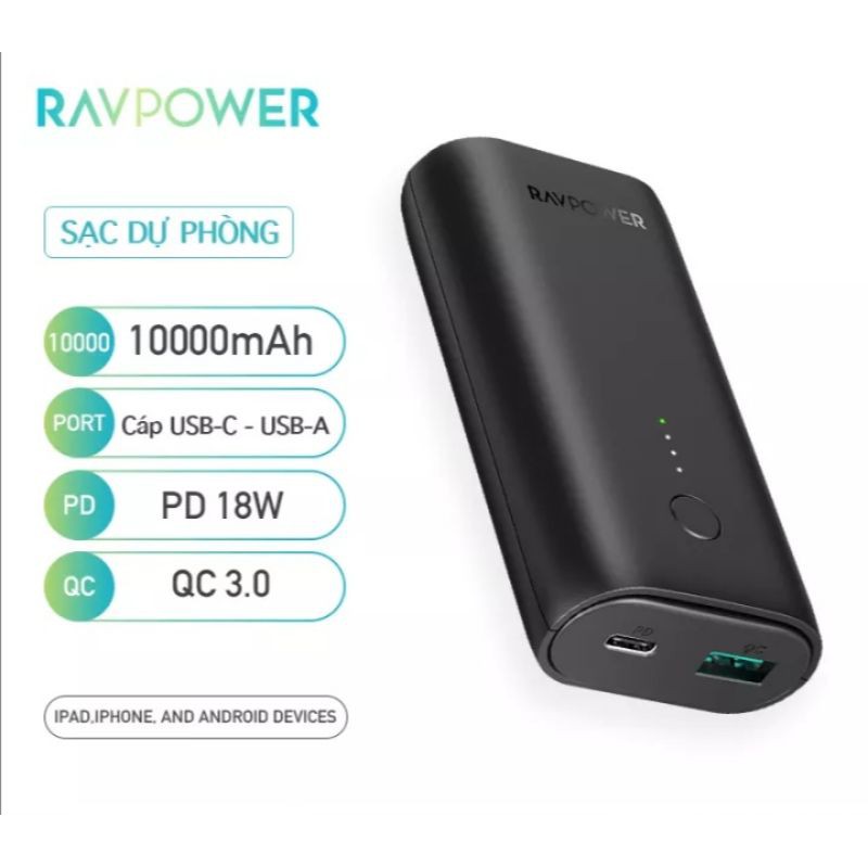 😍 Lõi PIN LG21700 😍Sạc dự phòng 10000mAh hỗ trợ sạc nhanh PD QC 3.0 18W RAVPower RP-PB205