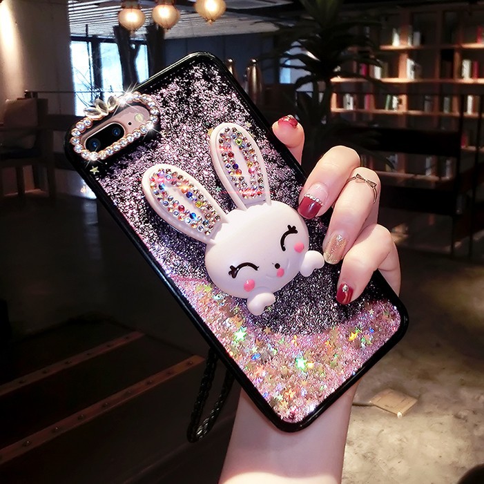 Ốp điện thoại kim tuyến nước thiết kế hình thỏ đính đá quý nhân tạo lấp lánh cho OPPO A59 A57 A39 A37 A33 F1s Neo7 Neo9