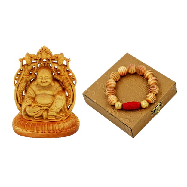 Combo Vòng chuỗi gỗ Huyết long 18 ly charm chu sa A521 - Tượng Phật Di lặc gỗ Hoàng đàn