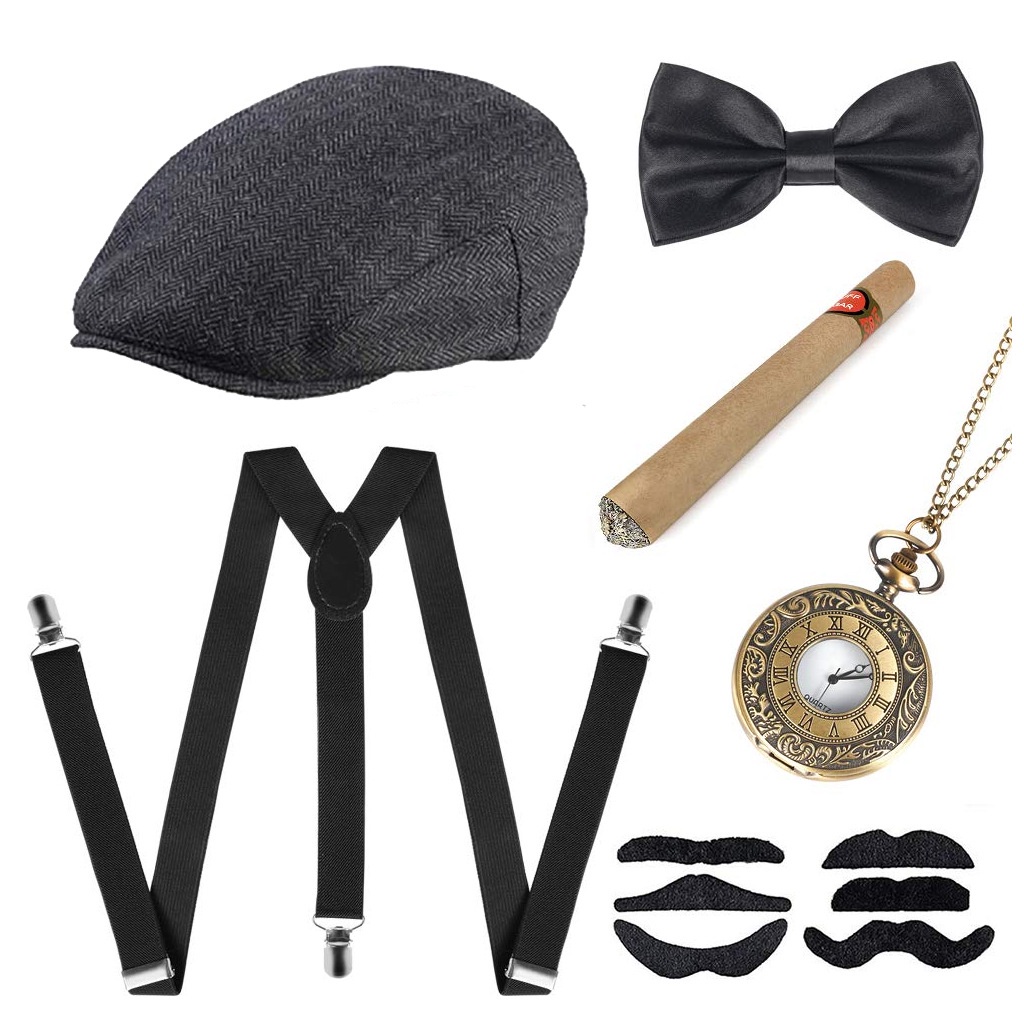 Gatsby Bộ Râu Giả Màu Đen Mũ Đội Có Dây Đeo Giả Xì Gà Retro