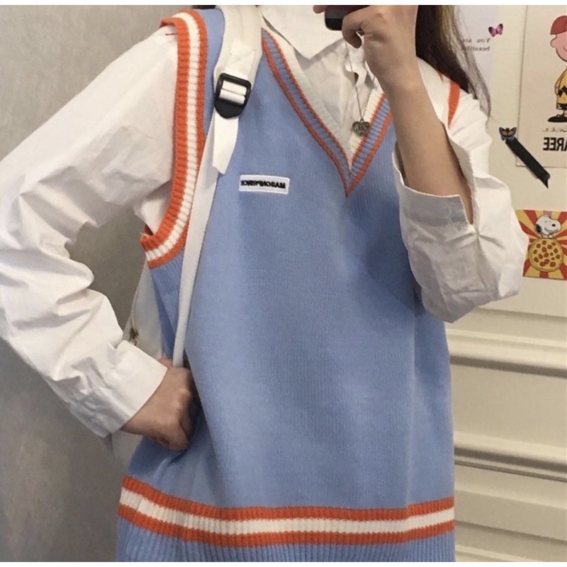 Áo gile len cổ V mác ngực màu hot trend ulzzang freesize