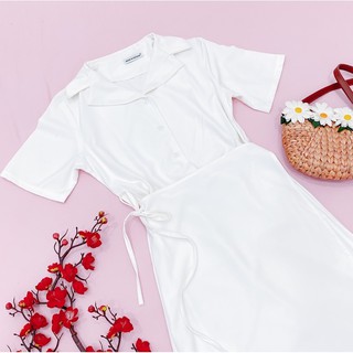 Đầm cổ vest, váy công sở màu trắng đắp tà (kèm hình thật)