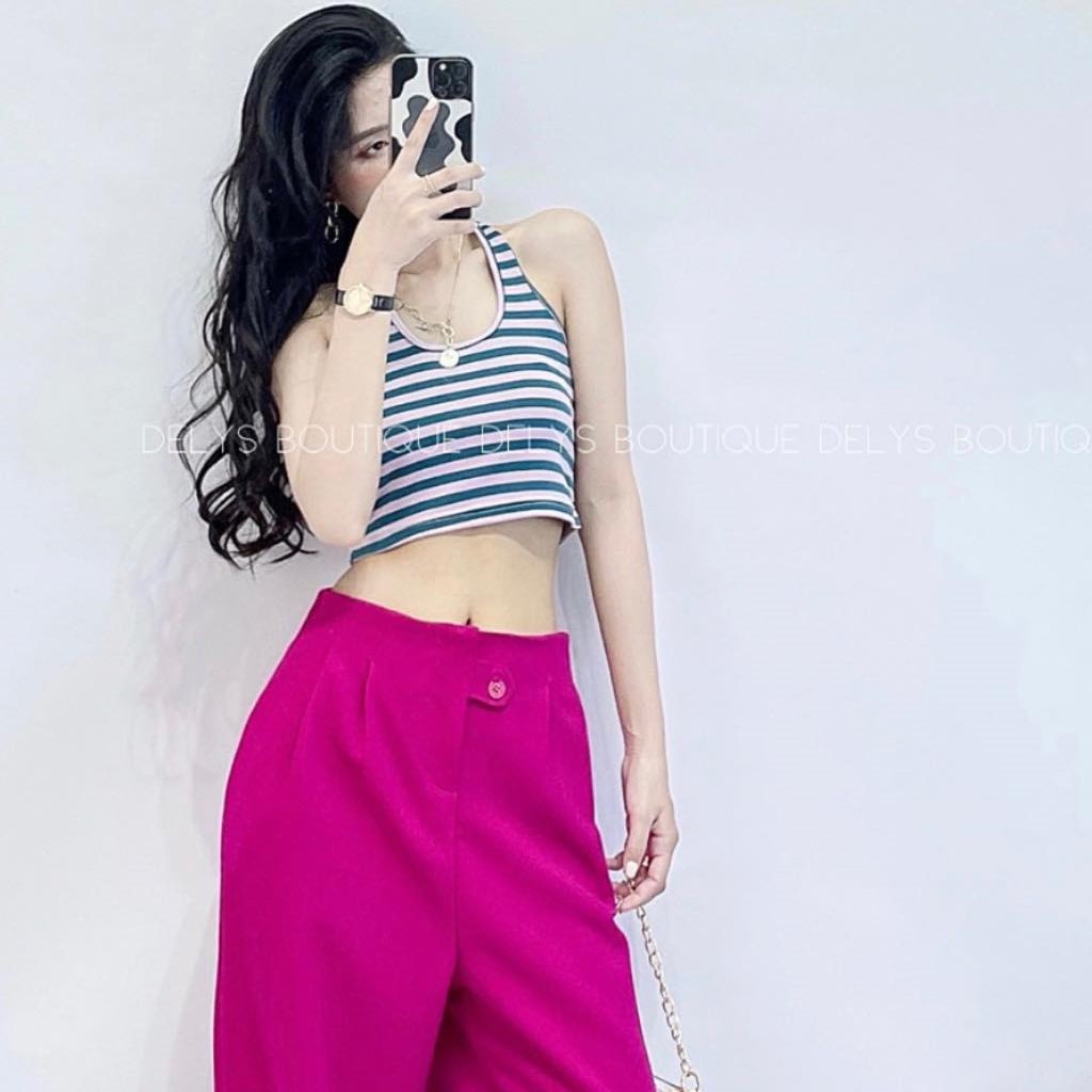 Áo yếm croptop kẻ ngang Delys áo croptop cổ yếm hở lưng