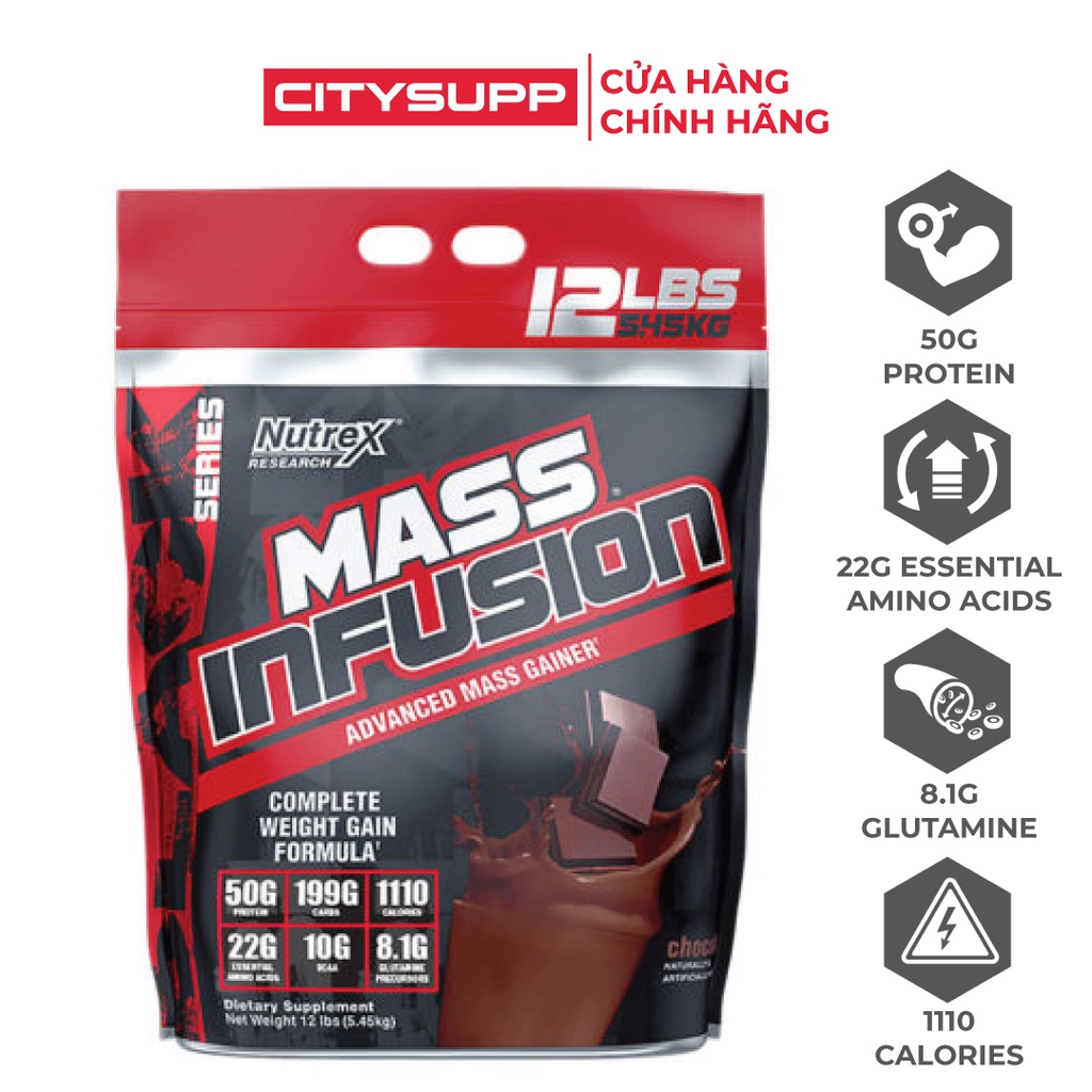 Nutrex Mass Infusion (Túi 5.4KG) Sữa Tăng Cân, Tăng Cơ Nạc Hiệu Quả, Bổ Sung 50G Protein, 22G EAA, 10G BCAA, 19 Lần Dùng