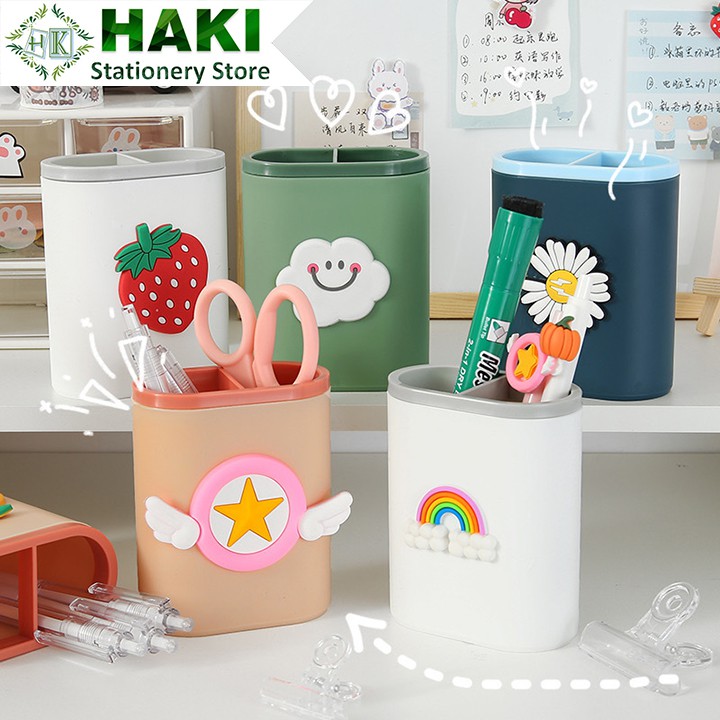 Ống cắm bút 2 ngăn HAKI, ống cắm bút đa năng đựng bút phụ kiện văn phòng phẩm OB02