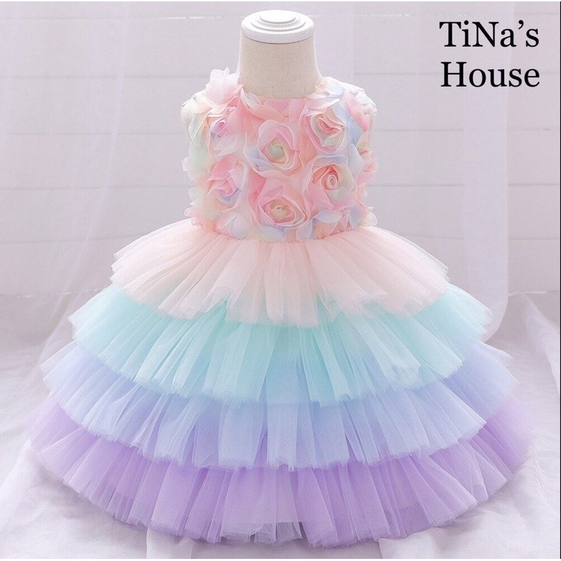 Đầm Công Chúa Cao Cấp TiNa’s House: Kiểu Sát Nách, Phối Hoa vs Chân Váy Nhiều Tầng Họa Tiết Cầu Vồng Cho Bé Từ 0-05Tuổi.