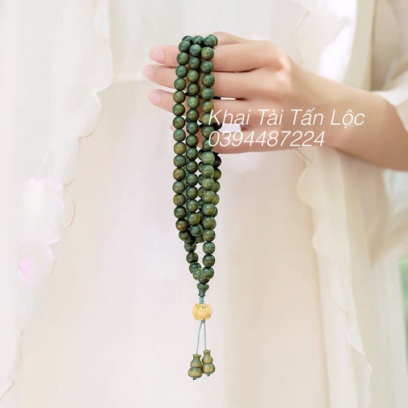 Vòng chuỗi 108 hạt gỗ đàn hương xanh đổi màu và hoa sen gỗ hoàng dương đeo cổ đeo tay