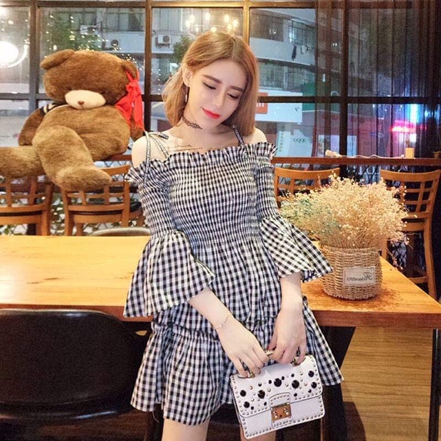 Order ❤️ Váy caro trễ vai