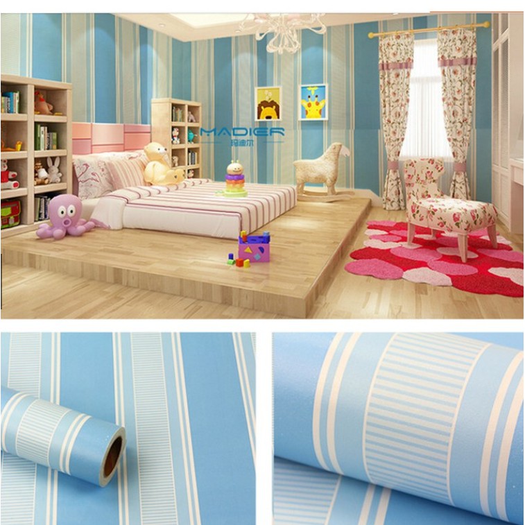 Cuộn 10m giấy dán tường sọc xanh dương khổ rộng 45cm