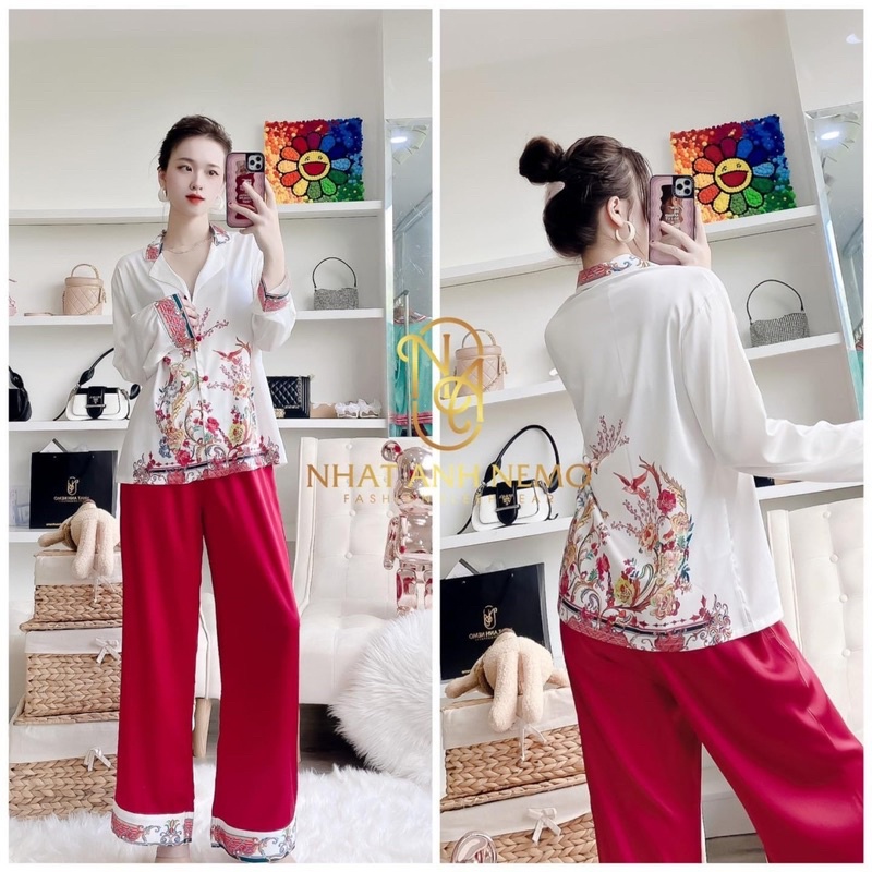 Đồ bộ pijama mặc nhà Lụa Tay Ngắn - Tay dài Quần dài hoạ tiết hoa nhí màu đỏ cho bạn nữ dưới 62kg cao cấp