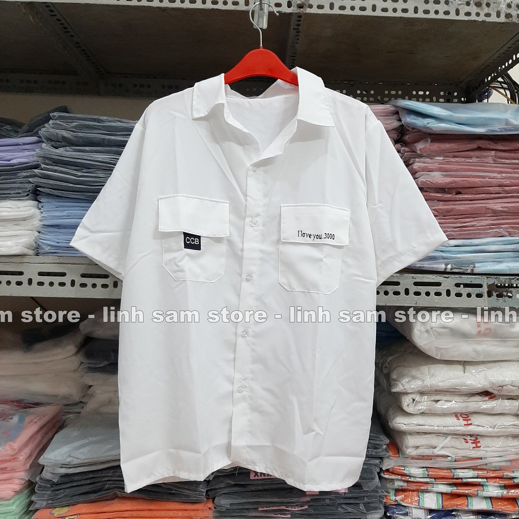 Áo sơ mi học sinh nữ tay ngắn - lỡ, form ulzzang freesize unisex, dáng rộng, mặc đi học, thêu chữ I LOVE YOU 3000 TRẮNG | BigBuy360 - bigbuy360.vn