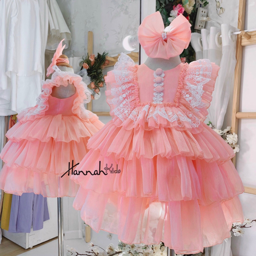 Đầm Công Chúa Lolita Cho Bé 1-6 Tuổi, Váy Công Chúa Mùa Hè Dự Tiệc, Thôi Nôi Hồng Cam/Trắng Cho Bé 8