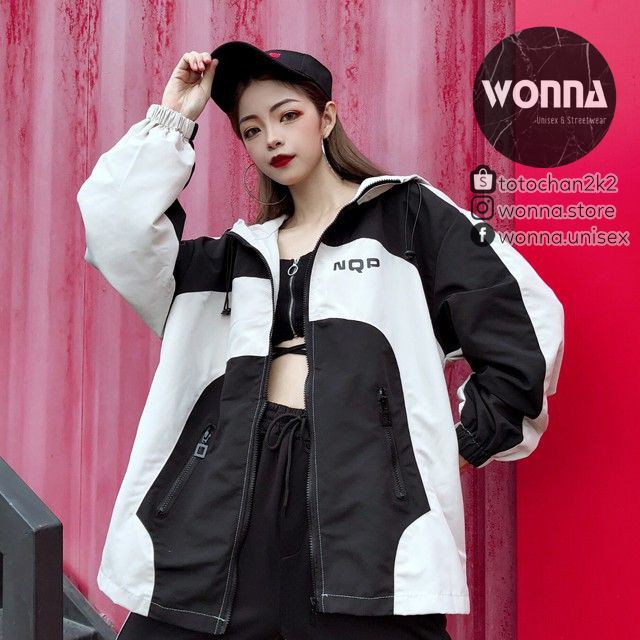 (ORDER) Áo Khoác dù có mũ form rộng trắng đen xanh Unisex Ulzzang Oversize street style nam nữ gió cá tính có túi