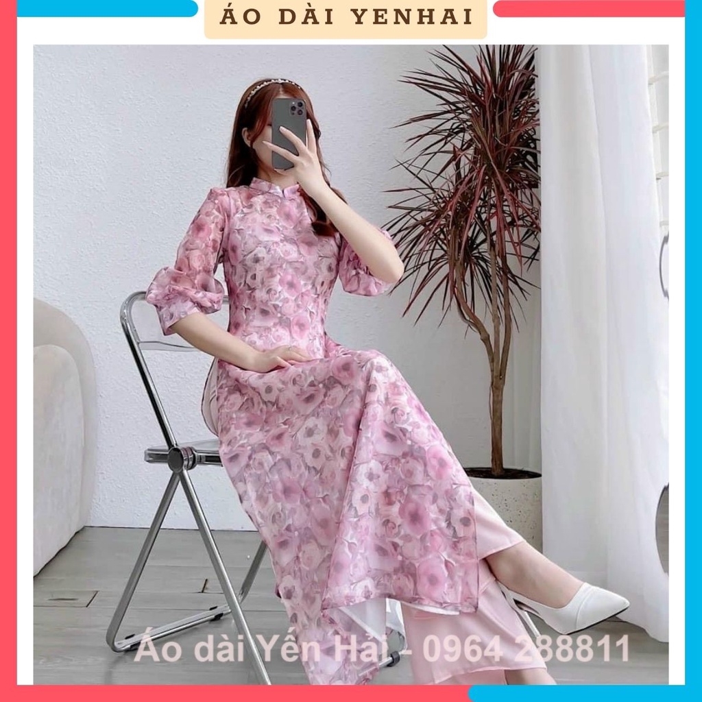 Áo dài cách tân mặc tết 4 tà hoạ tiết hoa nhí hồng chất lụa von đẹp | 4T27