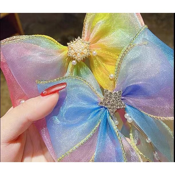 Kẹp Nơ Trẻ Em|Phụ Kiện Tóc Lưới Đính Ngọc Trai Nhân Tạo Màu Gradient Dành Cho Bé Gái