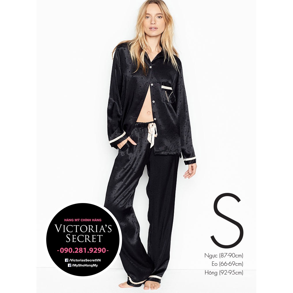 (Sleep Size S) - Bộ quần áo ngủ dài, Pyjama đen chấm bi đen (80) siêu xinh, Black Small Dot - Victoria's Secret USA