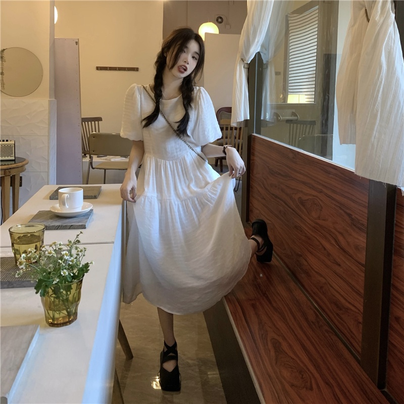 Đầm Dài Xếp Ly Tay Phồng Ngắn Lưng Cao Phong Cách Retro Hàn Quốc 52811