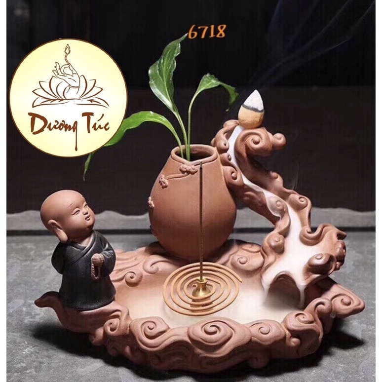 Thác Khói Trầm Hương Gốm Cao Cấp  Toả Khói Ngược ( Xông Trầm ) - Thác Đốt Trầm Hương Tượng Phật - Tượng Chú Tiểu