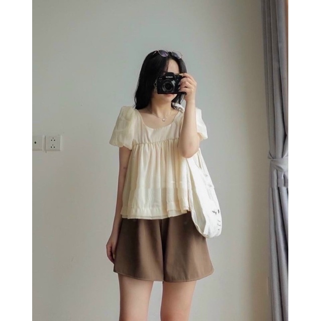 SET BABYDOLL VOAN QUẦN NÂU TÂY (ảnh thật/video)