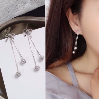 Bạc 925 - Bông tai nơ dài hạt đá sáng lấp lánh