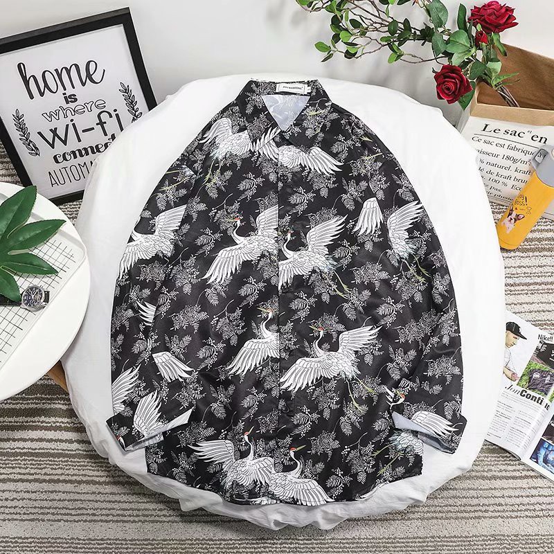 Áo sơ mi tay dài họa tiết chim sếu thời trang phong cách dành cho nam | BigBuy360 - bigbuy360.vn