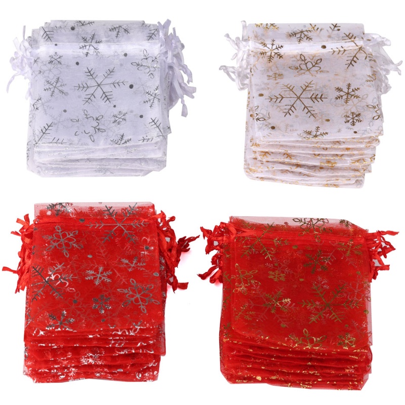 Set 10 Túi Dây Rút Đựng Quà Giáng Sinh Họa Tiết Bông Tuyết Xinh Xắn