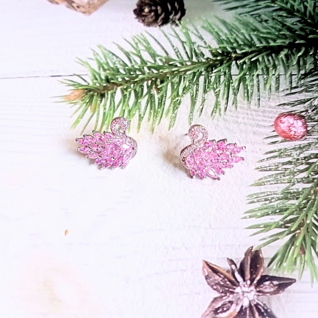 Bông tai bạc 925 thiên nga đính đá zircon tím, vàng, hồng