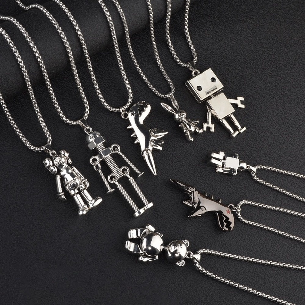 Vòng cổ bằng thép titan mặt hình robot/gấu/khủng long hoạt hình phong cách hip-hop cá tính cho nam nữ