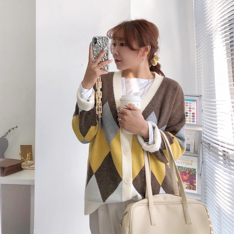 Áo khoác Cardigan len hoạ tiết trám phối màu, Áo khoác len dáng dài trùm mông(kèm ảnh/video shop chụp) | BigBuy360 - bigbuy360.vn