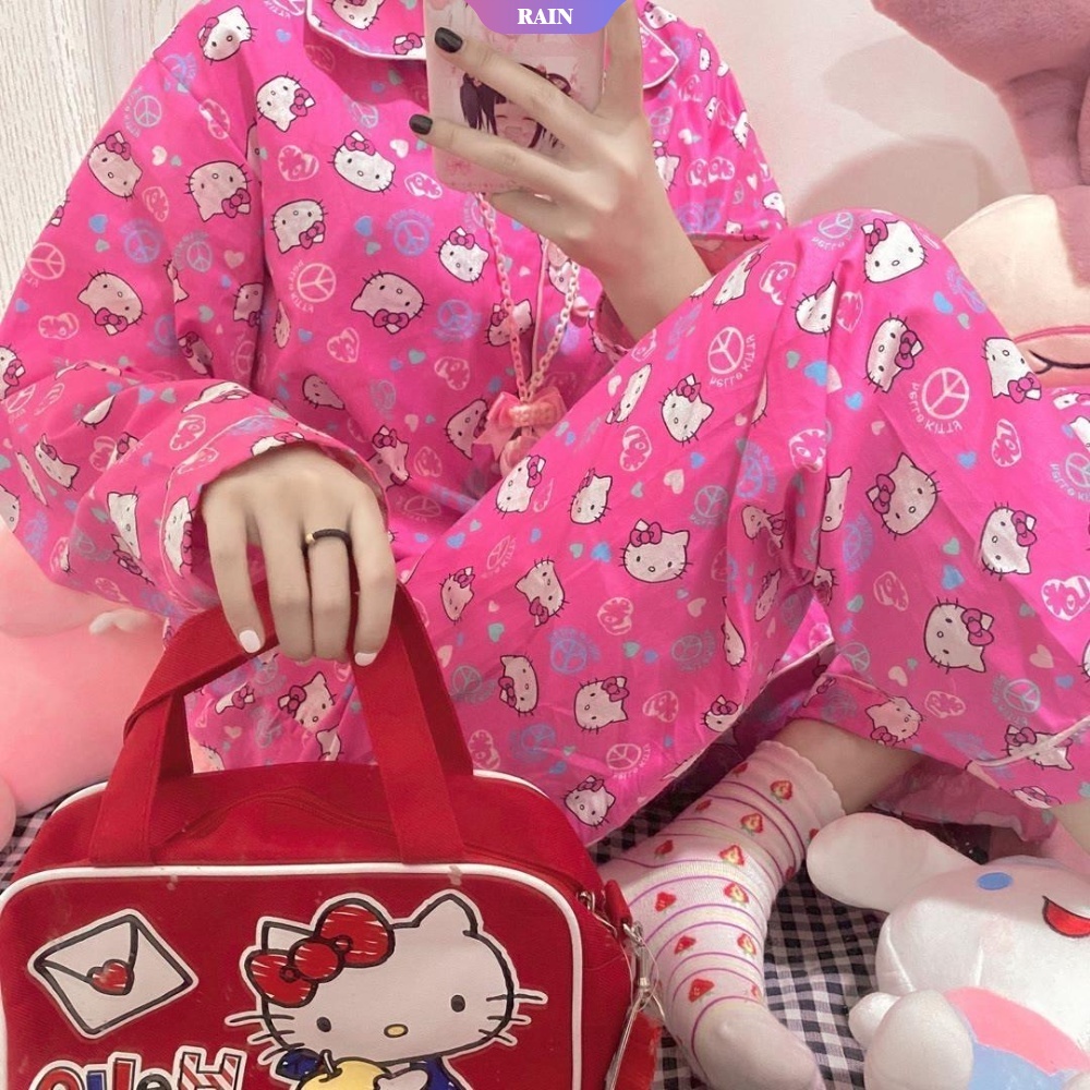 Bộ Đồ Ngủ Tay Dài In Họa Tiết Hello Kitty Phong Cách Nhật Bản Cho Nữ