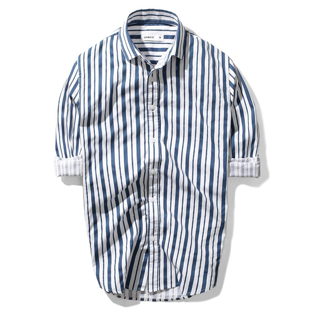 Áo sơ mi nam cổ trụ DOUBLE'D kẻ sọc dáng ôm chất vải chống nhăn chống xù SST | BigBuy360 - bigbuy360.vn
