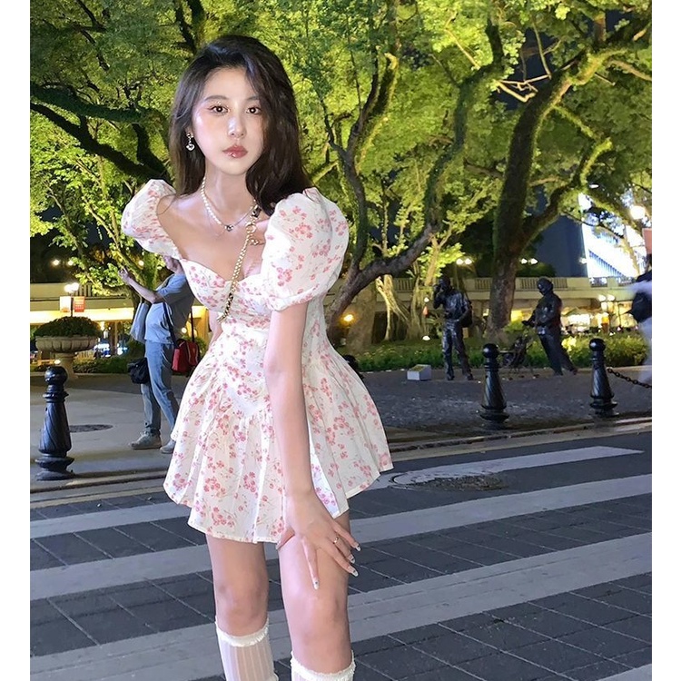 Đầm Tay Phồng Ngắn In Họa Tiết Hoa Thời Trang Đi Biển Mùa Hè Xinh Xắn Cho Nữ