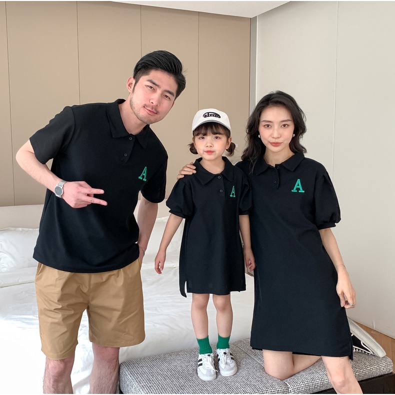 Áo gia đình Familylove - Mẫu Áo Polo Đầm Váy Gia Đình In Góc Logo Chữ A Xinh Xắn Chất Liệu cotton 100% co giãn