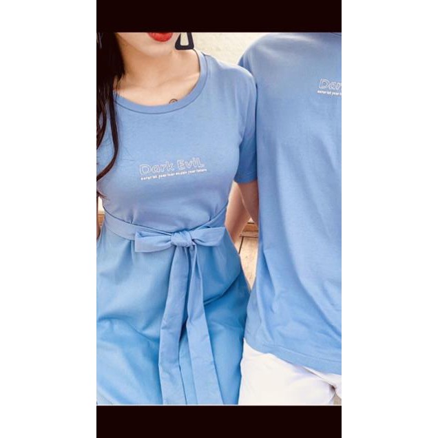 Áo đôi: Váy thun phối lưới kèm thắt lưng + Áo thun nam cổ tròn