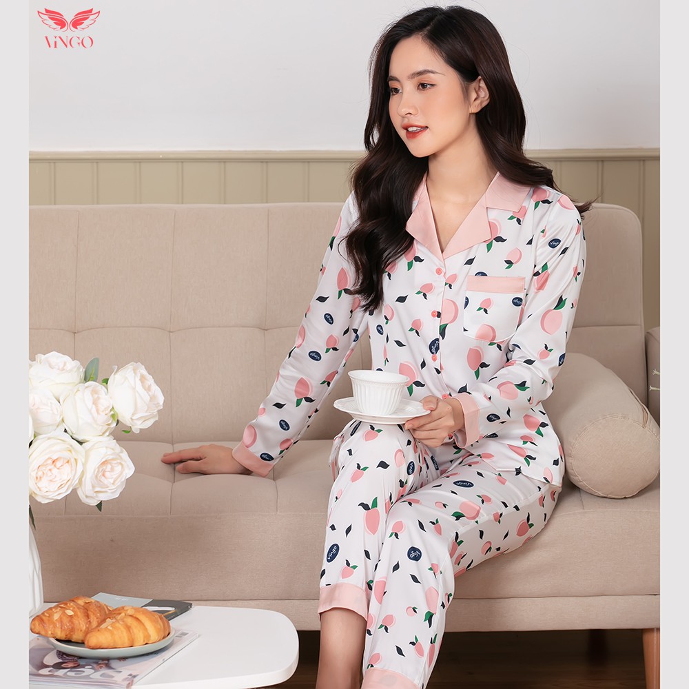 Bộ Đồ Ngủ Pyjama Nữ Mặc Nhà VINGO Lụa Pháp Cao CấpTay Dài Quần Dài Mùa Thu Đông Họa Tiết Trái Đào Hồng H076 VNGO - TDQD | WebRaoVat - webraovat.net.vn