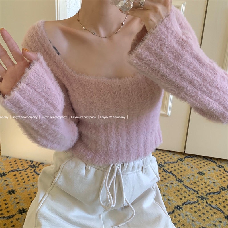 ✠Áo Sweater Dệt Kim Mềm Mại Cổ Vuông Ôm Dáng Thời Trang Thu Đông Cho Nữ