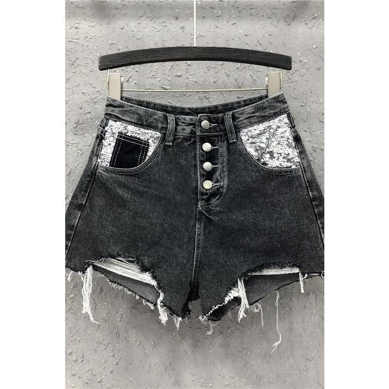 Jiashucheng Quần Short Denim Lưng Cao Dáng Chữ a Đính Kim Sa Lấp Lánh Thời Trang Mùa Hè Dành Cho Nữ