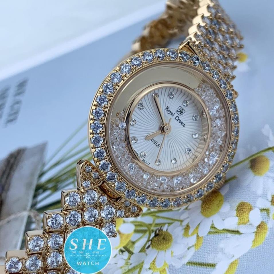 Đồng hồ nữ ROYAL CROWN Đồng hồ pin viền vàng đính FULL đá size 32mm SANG TRỌNG QUÝ PHÁI