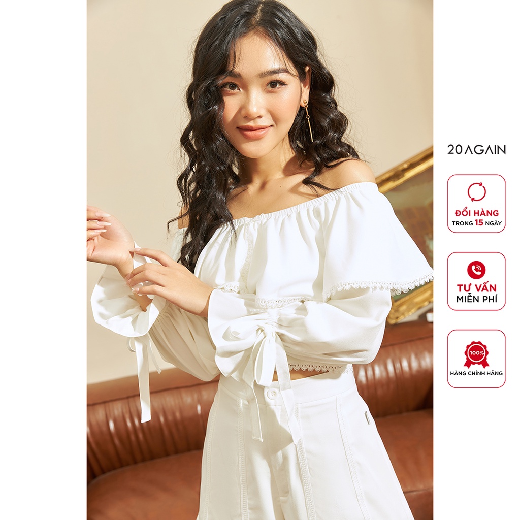 Áo sơ mi nữ dài tay trễ vai 20AGAIN, thiết kế tay bồng tiểu thư, chất liệu thô cát cao cấp ABA2037
