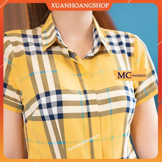 Áo Sơ Mi Nữ Công Sở Mc Fashion, Kiểu Dáng Tay Ngắn Cộc, Họa Tiết Kẻ Sọc Caro, 2 Màu( Vàng, Xanh Đen Tím Than) A665 . !