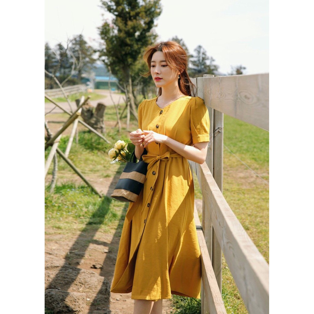 Đầm váy freesize vàng nút nâu thắt eo
