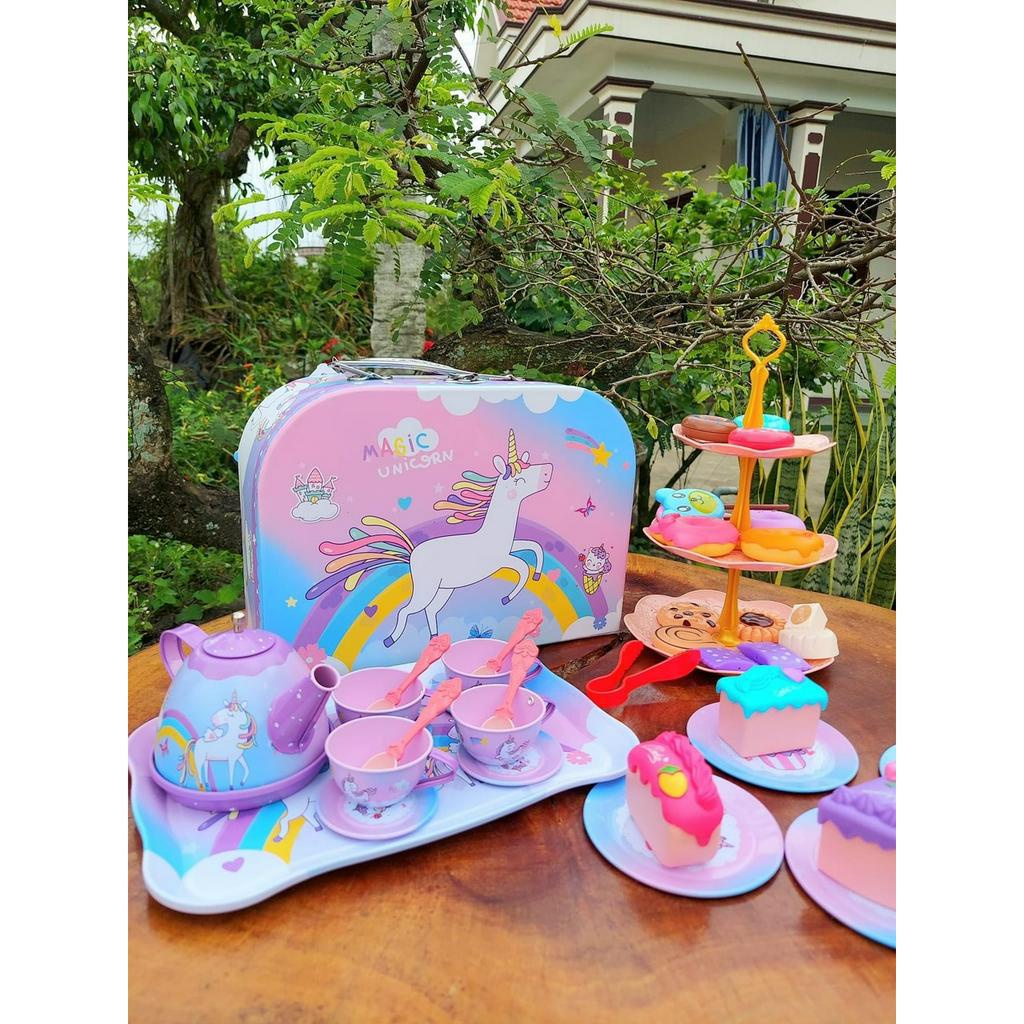 Bộ đồ chơi tiệc trà bánh ngựa Pony 48 chi tiết vali ấm chén chất liệu nhôm cao cấp