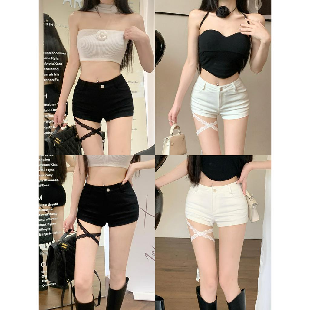 QADCOL Quần Short Ôm Dáng Lưng Cao Buộc Dây Màu Trắng Thiết Kế Đơn Giản Cho Nữ